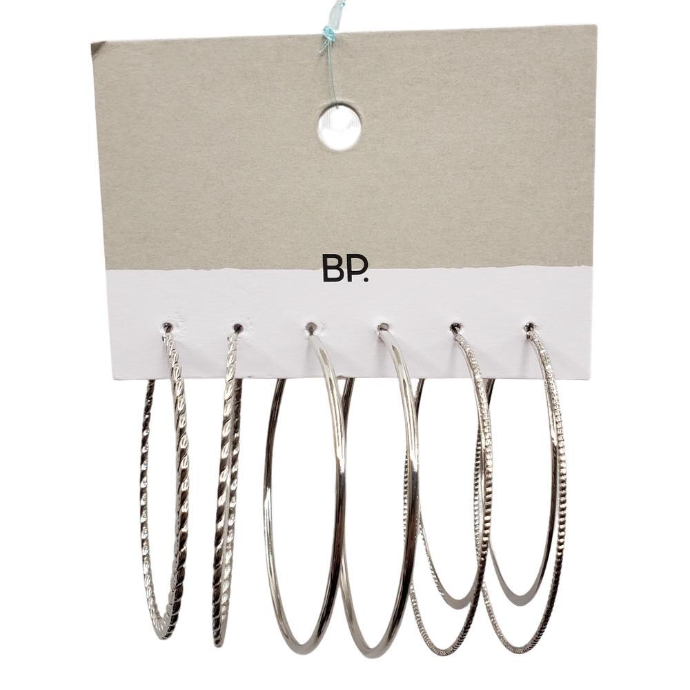 BP 3-Pack Hoop Earrings Silver Jewelry 2" Drop High Shine Finish - Picture 1 of 3